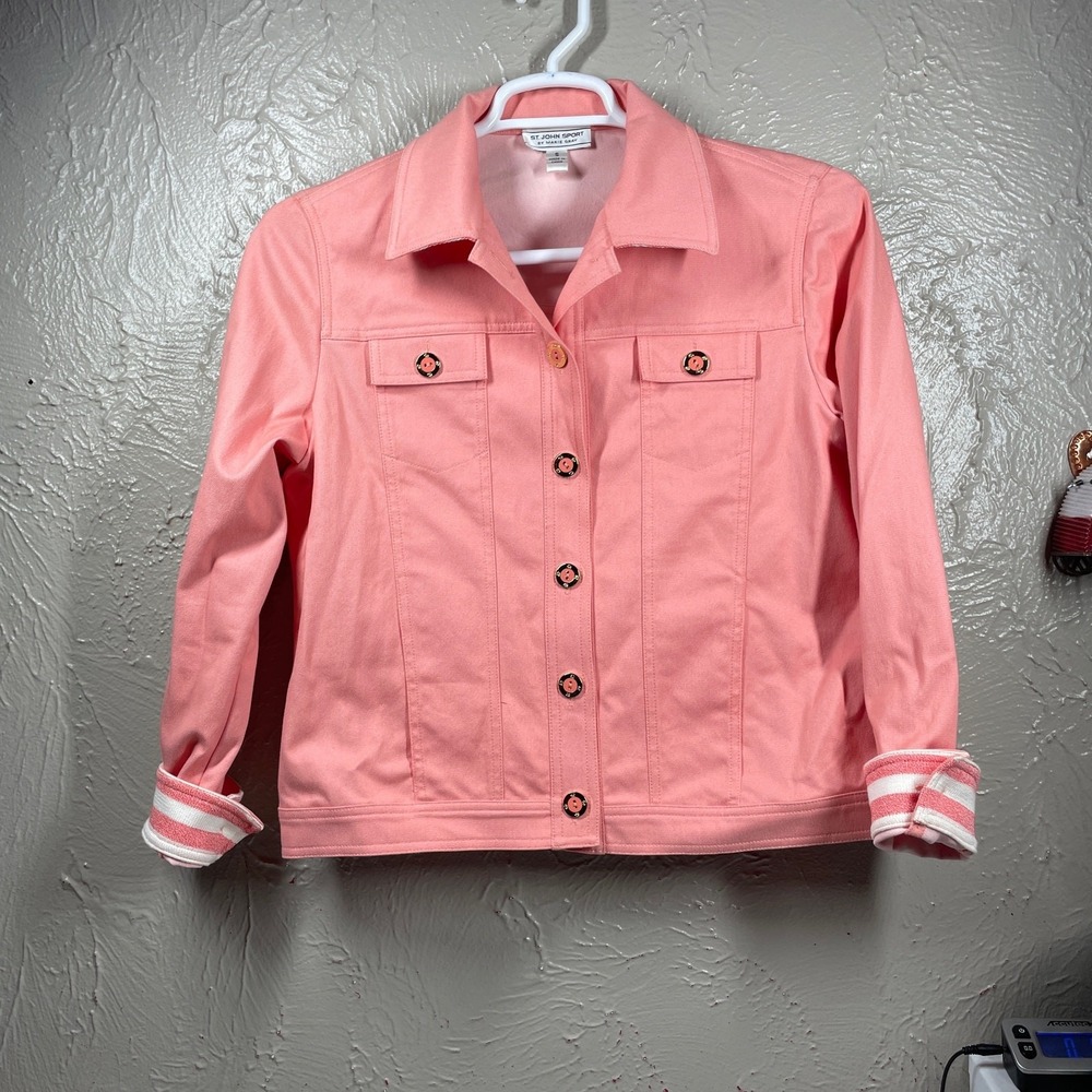 ST. JOHN‎ SPORT Denim Jacket Light Pink Pointed Collar Flap roll cuff size small